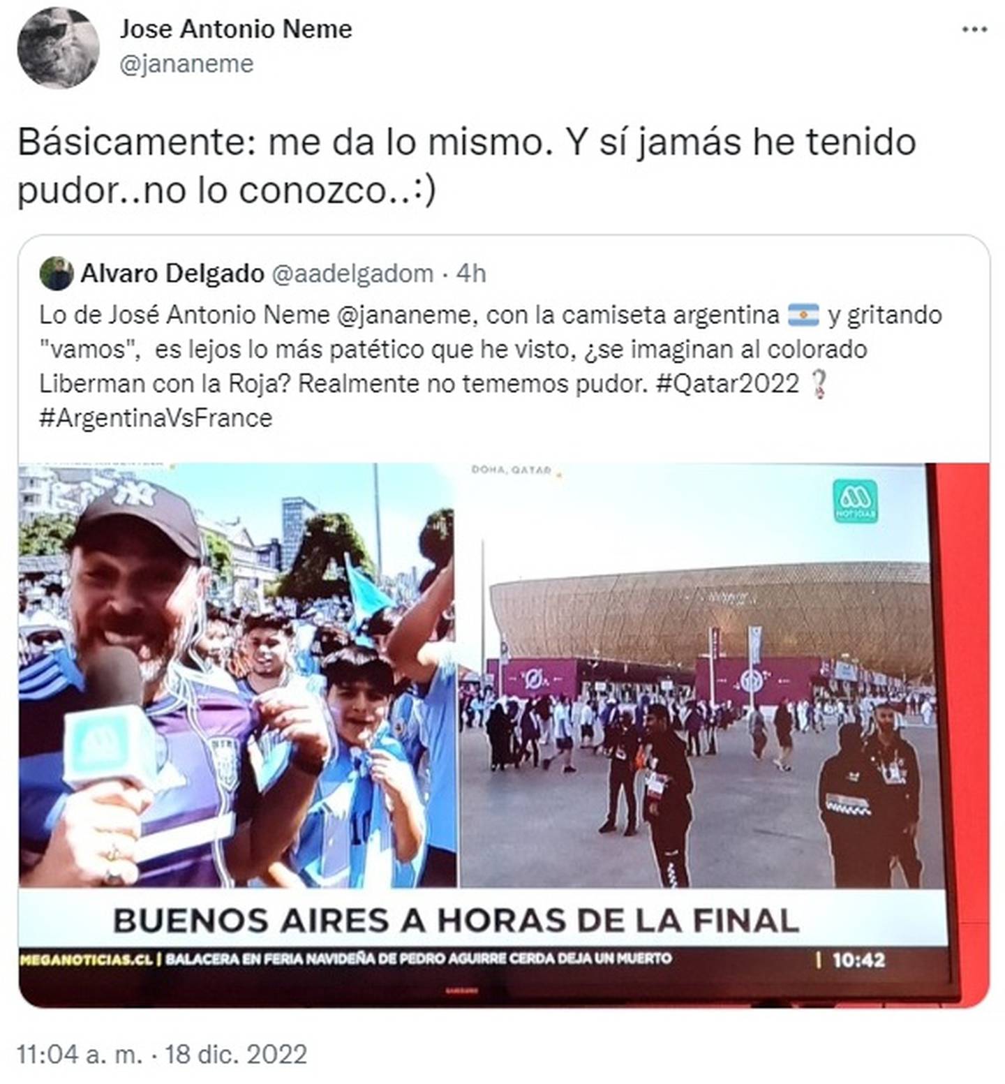 El periodista respondió a un usuario de redes sociales que le criticó el usar una camiseta argentina en su despacho desde Buenos Aires.