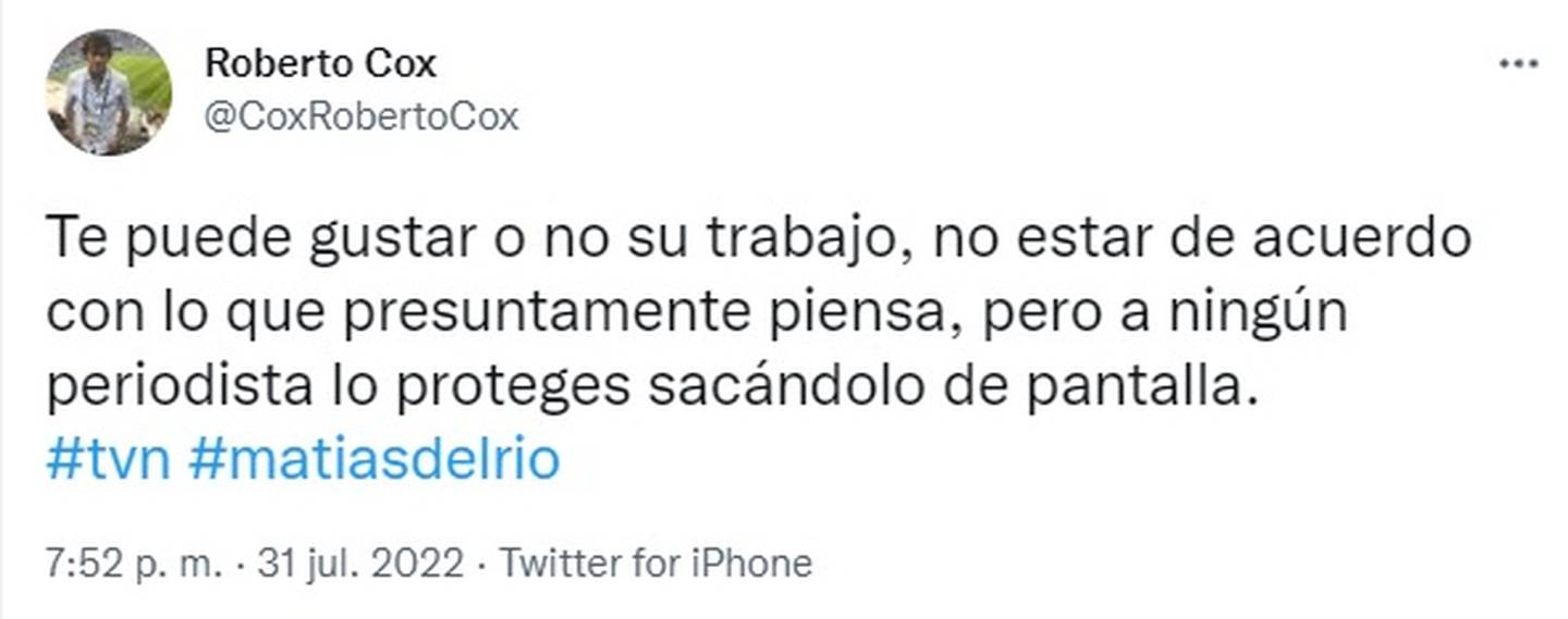 El periodista de CHV, Roberto Cox, criticó la decisión de TVN de sacar de la conducción de "Estado Nacional" a Matías del Río.