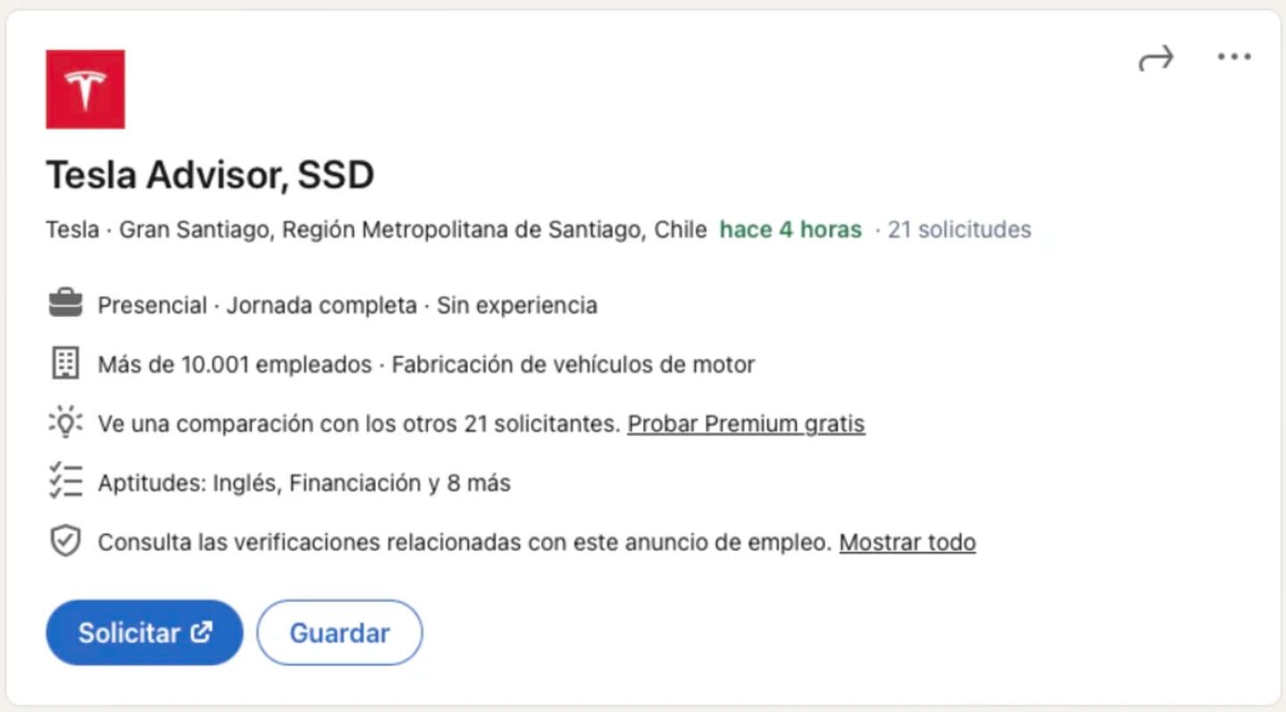 Oferta de empleo de Tesla en Chile
