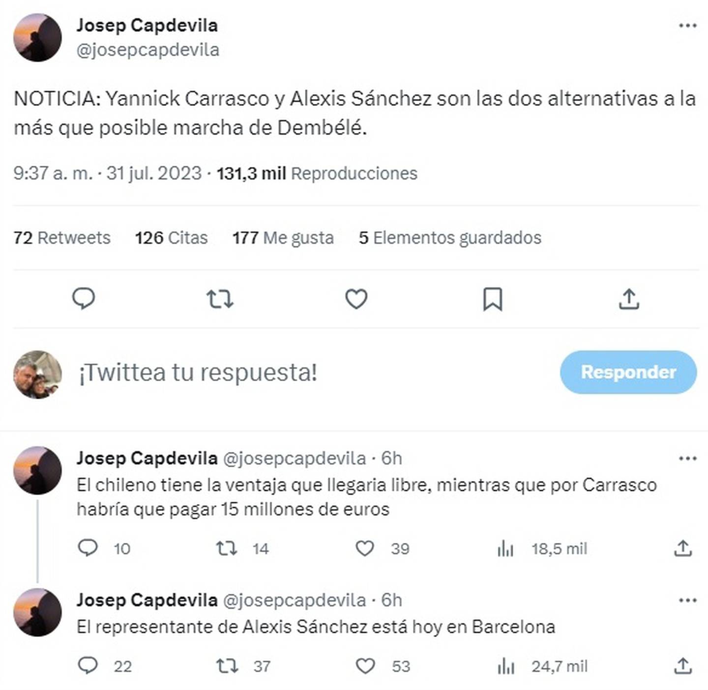 Según Capdevilla, el representante del delantero chileno se encuentra desde este lunes en Barcelona negociando el regreso de Sánchez al club blaugrana.