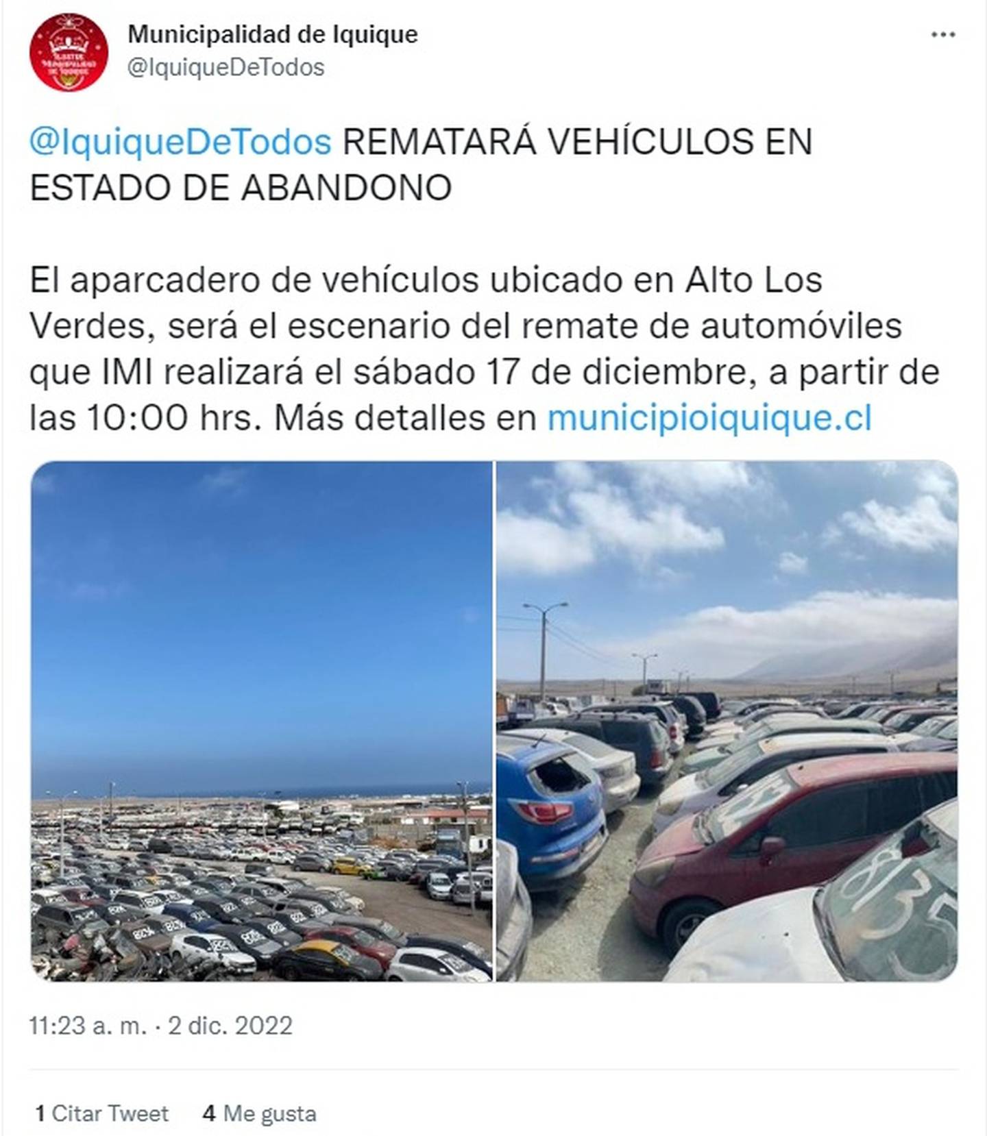 El próximo sábado 17 de diciembre se realizará el remate de los vehículos abandonados en Iquique.
