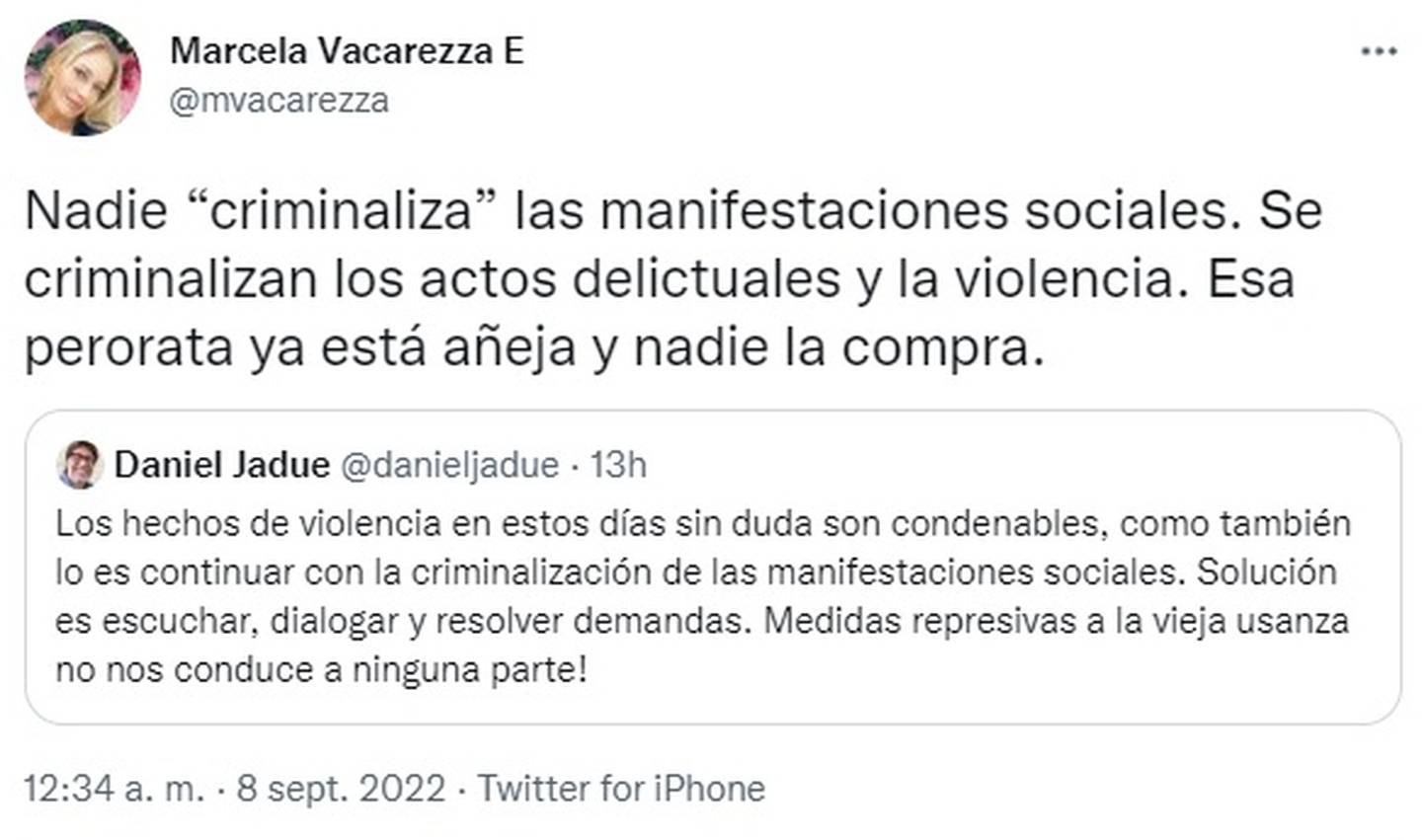 A Marcela Vacarezza no le parecieron correctas las declaraciones de Daniel Jadue en favor de las recientes manifestaciones sociales.