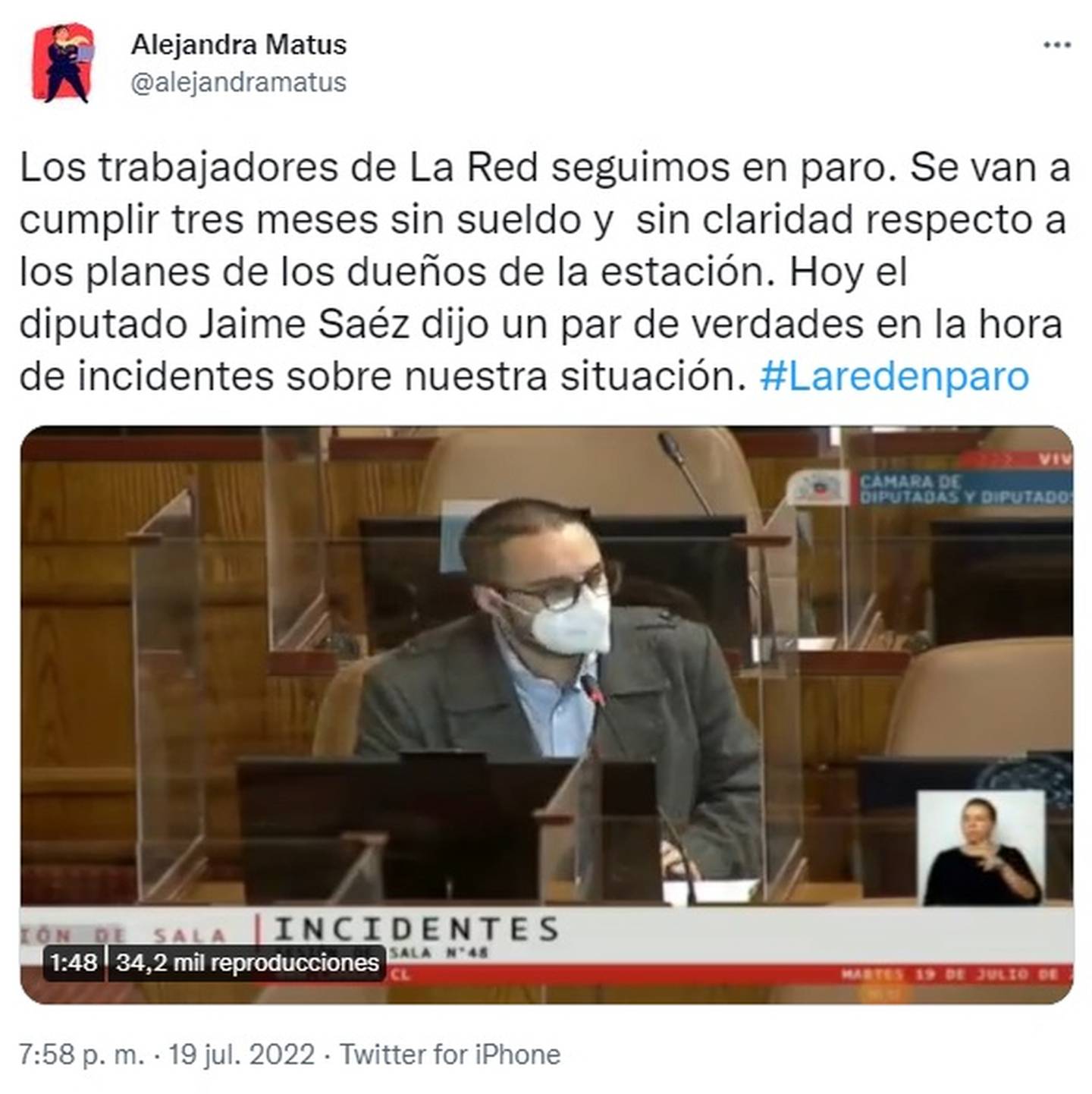 Alejandra Matus informó en su cuenta de Twitter que La Red ya va para el tercer mes sin pagarle a ella y los demás trabajadores del canal.