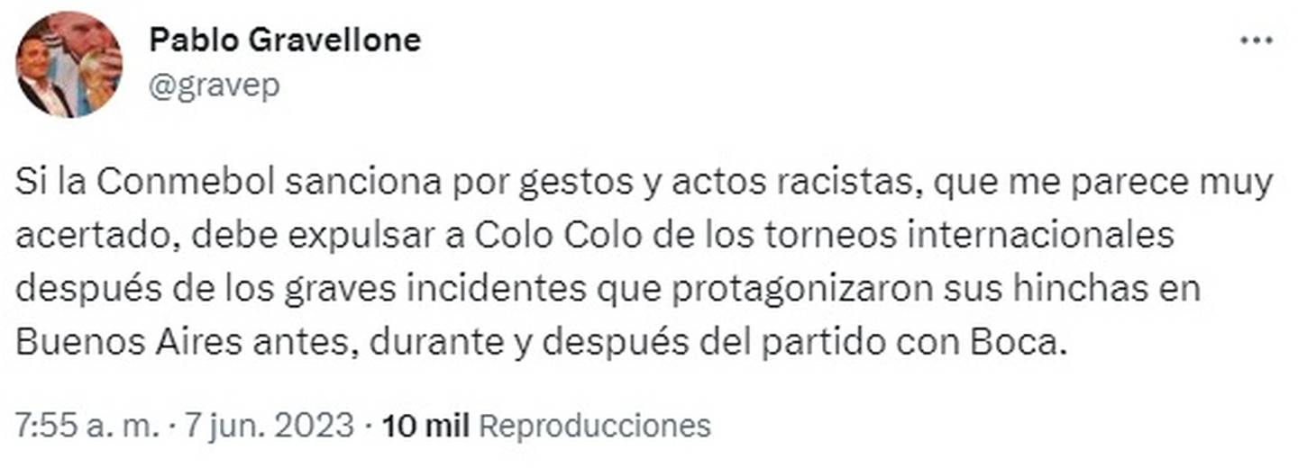 El periodista argentino pidió a la Conmebol que tome medidas ejemplares con Colo Colo luego de los desmanes provocados por sus hinchas en Buenos Aires.