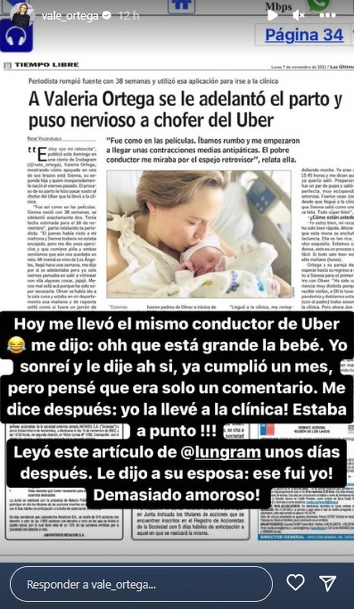 La periodista usó las historias de Instagram para contar la casualidad de haberse encontrado con el mismo Uber que la ayudó en la previa al parto.
