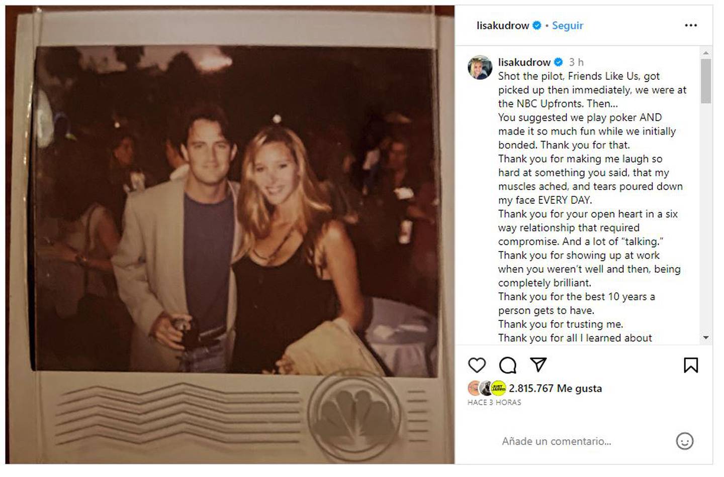 Lisa Kudrow escribió un emotivo mensaje de despedida y agradecimiento a Matthew Perry