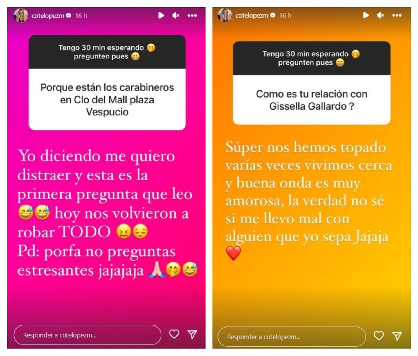 Coté López contó en sus historias de Instagram detalles del robo que sufrió su tienda y su actual relación con Gissella Gallardo.