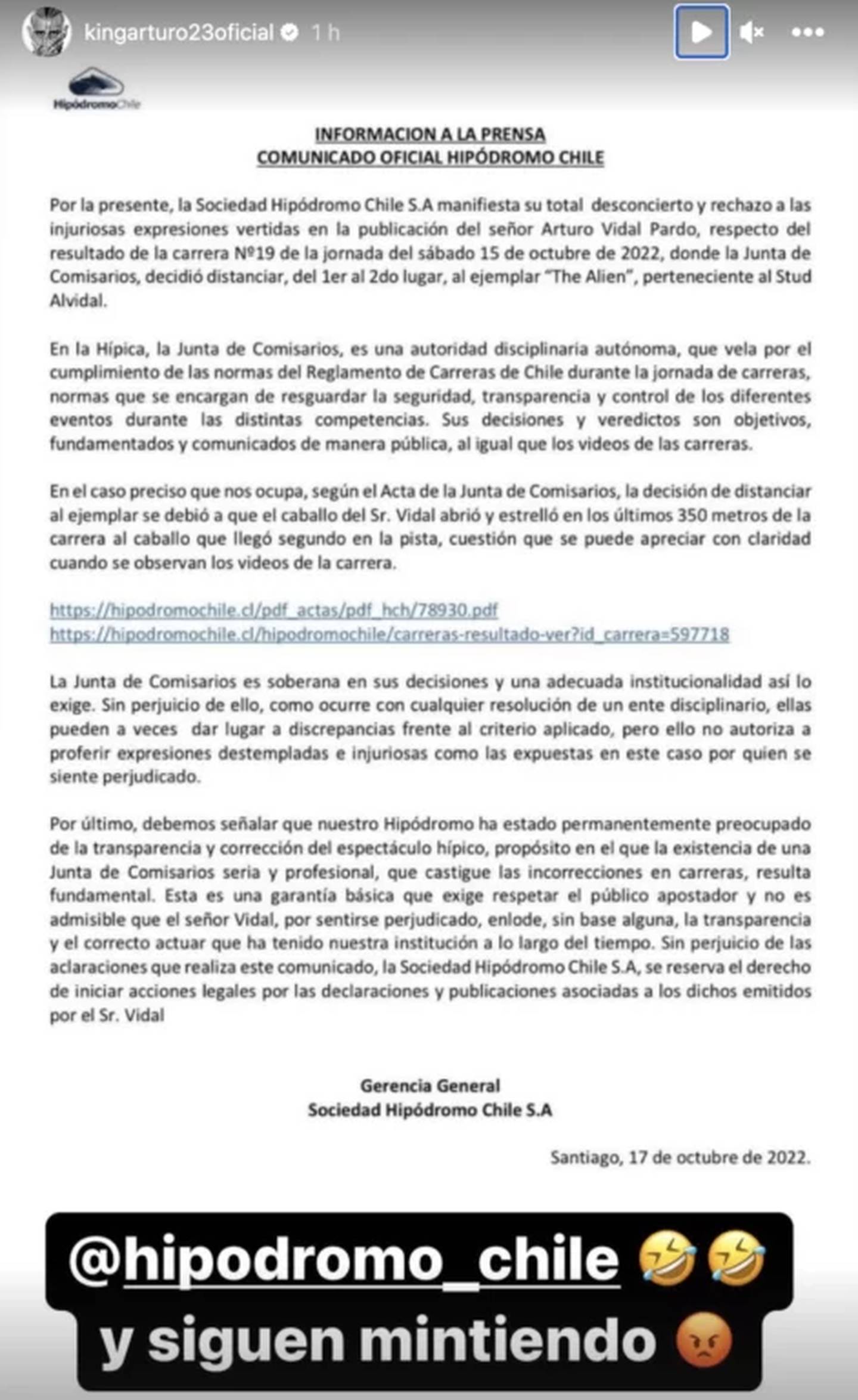 Hipódromo Chile amenaza con acciones legales contra Arturo Vidal, luego que él los acusara de “ladrones”