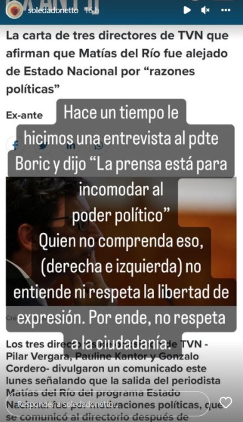 Soledad Onetto se pronunció en sus redes sociales respecto de la salida de Matías del Río de la conducción de "Estado Nacional" en TVN.