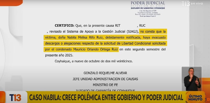 Documento Poder Judicial sobre Nabila Rifo | Fuente: T13