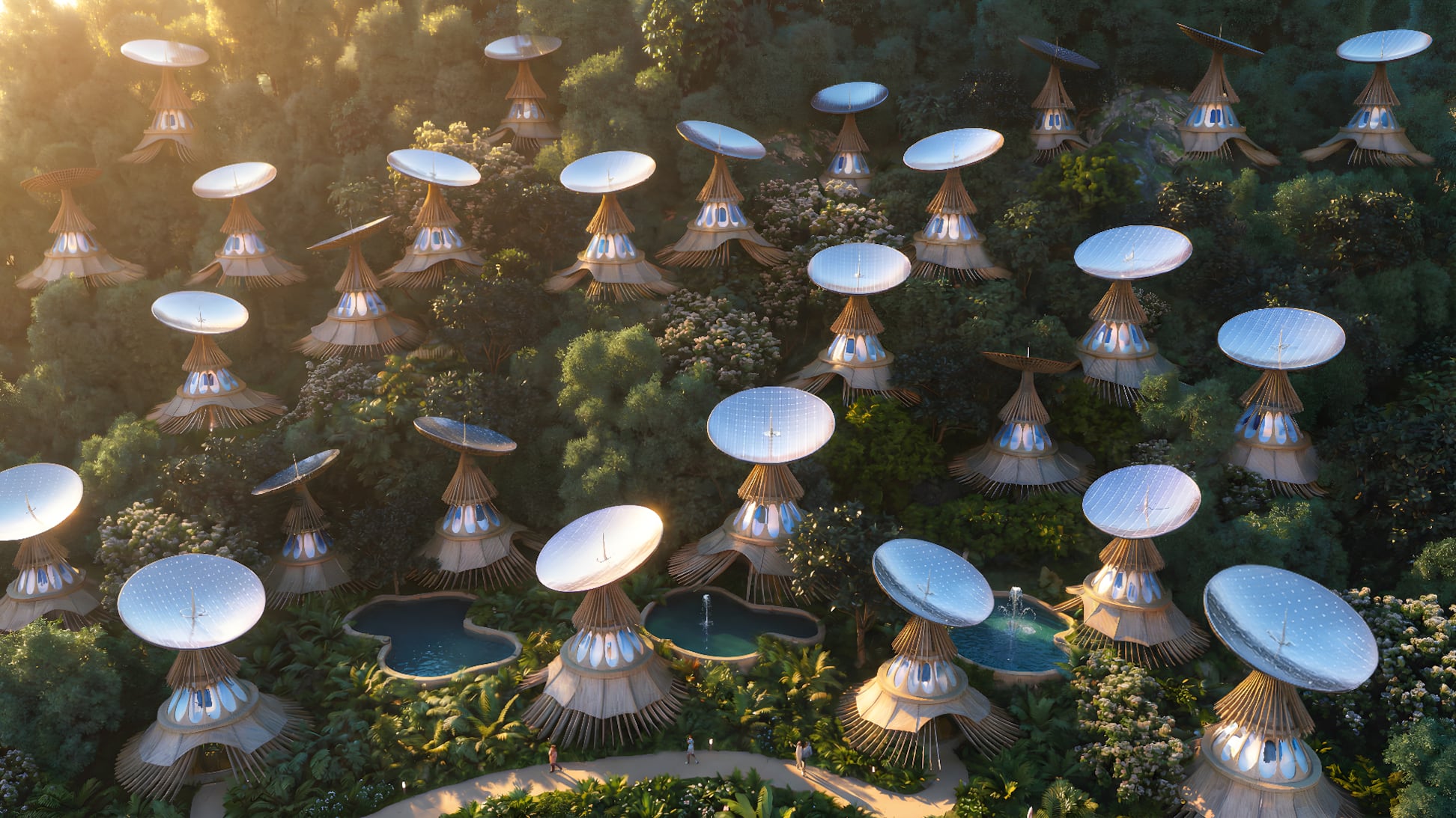 En un modelo arquitectónico desarrollado por MASK Architects, cada módulo habitable está coronado por un espejo parabólico cóncavo de doble eje que sigue el movimiento del sol en tiempo real. Foto: MASK Architects.