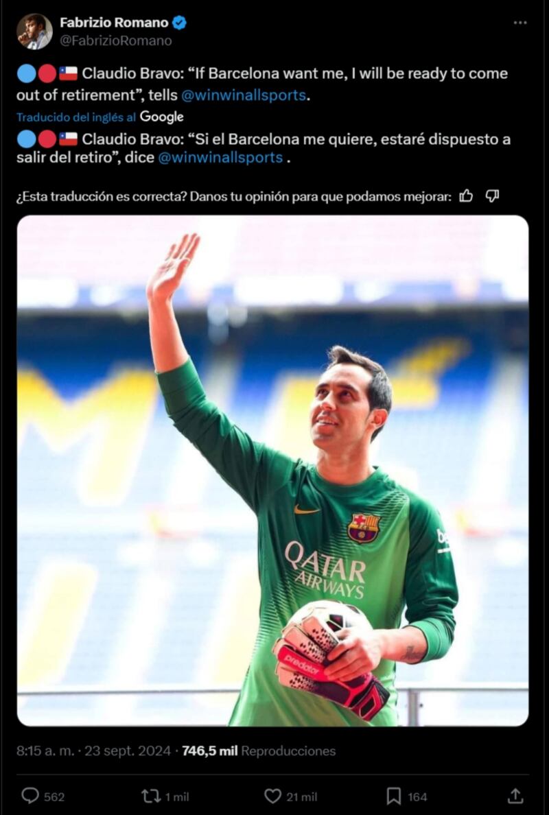 El arquero se retiró del fútbol hace algunas semanas, sin embargo, y luego de la grave lesión del alemán Ter Stegen, se habría ofrecido para jugar en FC Barcelona.