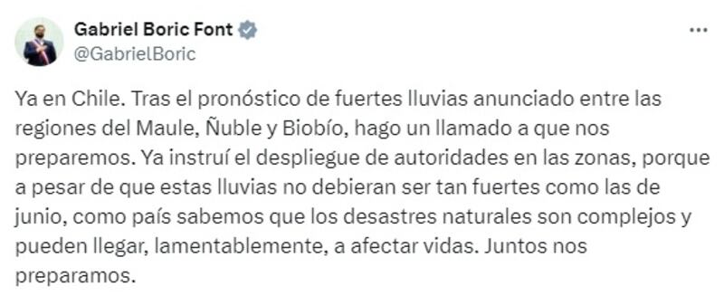 El mandatario llamó a estar alertas ante el próximo frente lluvioso que se avecina a la zona central de Chile.