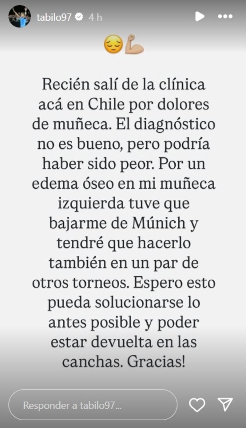 El número uno de Chile tendrá al menos un mes de baja en el circuito de la ATP tras sufrir una edema óseo en una de sus muñecas.