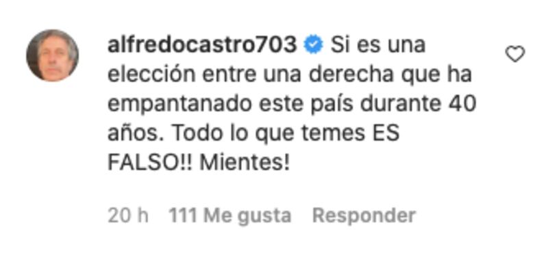Comentario de Alfredo Castro | Fuente: Instagram