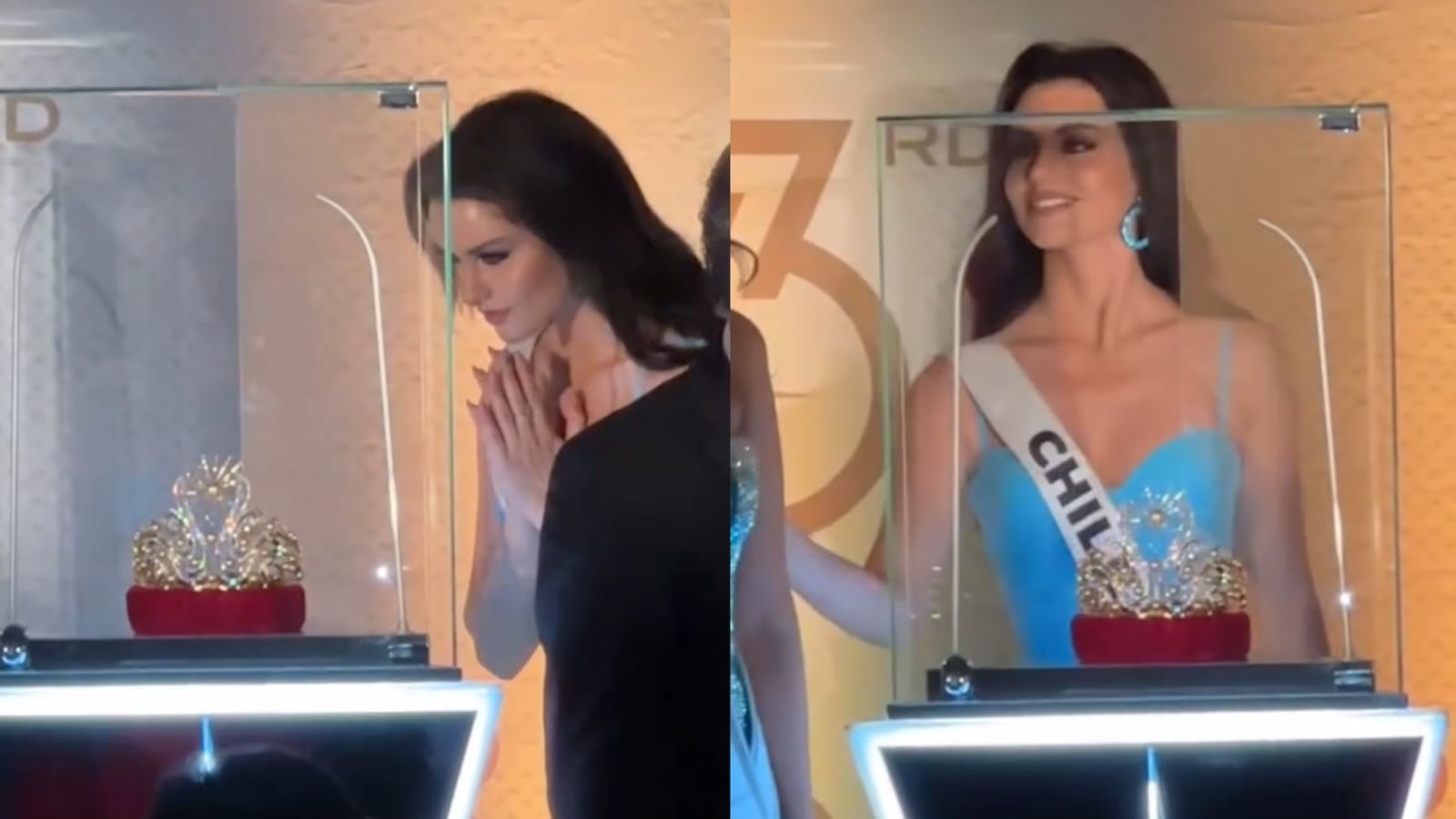 Emilia Dides admirando la corona de Miss Universo