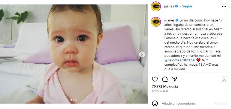 Paloma es la segunda hija de Juanes y Karen Martínez