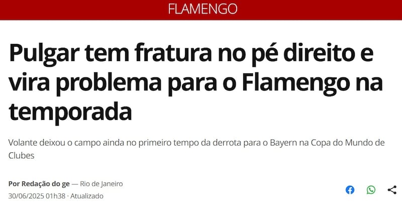 El chileno estará fuera de las canchas al menos dos meses luego de sufrir una lesión en la derrota de Flamengo con Bayern Munich (4-2).