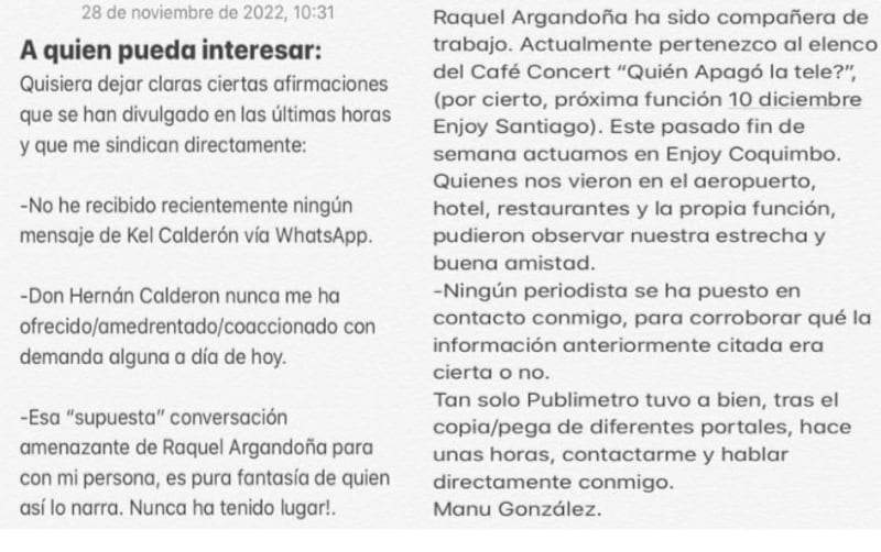 Manu González desmintió a Sergio Rojas por supuesto round con Raquel Argandoña.