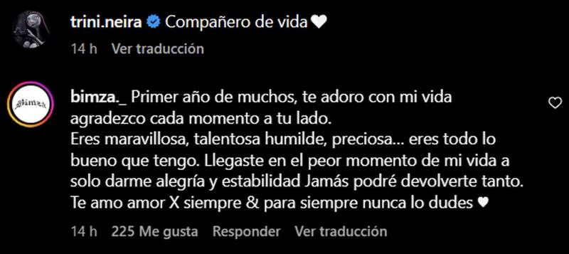 Comentario de Bimza, Bastián Muñoz sobre Trini Neira | Instagram