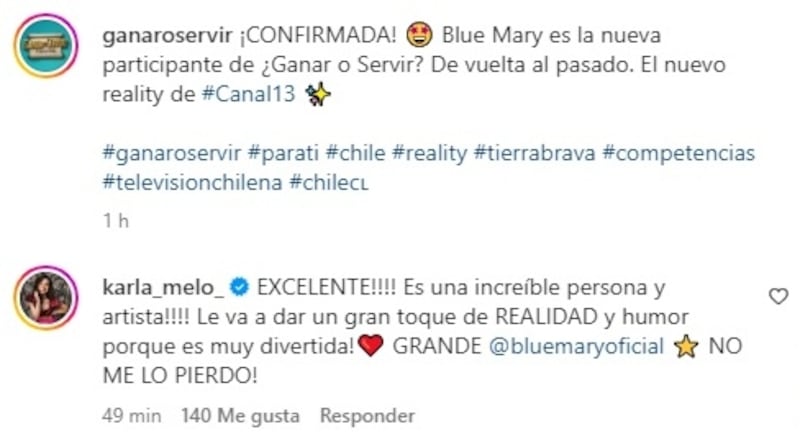 Entre los comentarios que recibió la publicación de redes sociales del próximo programa de Canal 13, estuvo el de la actriz Karla Melo.