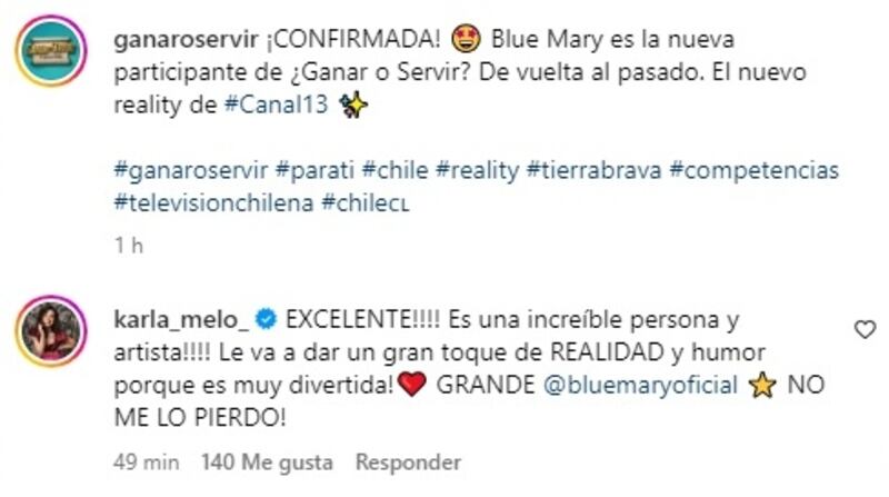 Entre los comentarios que recibió la publicación de redes sociales del próximo programa de Canal 13, estuvo el de la actriz Karla Melo.