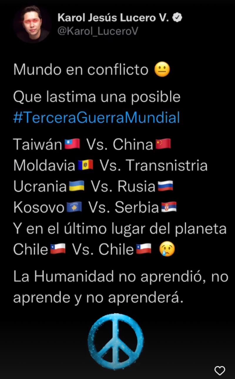 Karol Lucero lamentó los conflictos bélicos ante una Tercera Guerra Mundial y la situación política en Chile, que tiene dividido al país.