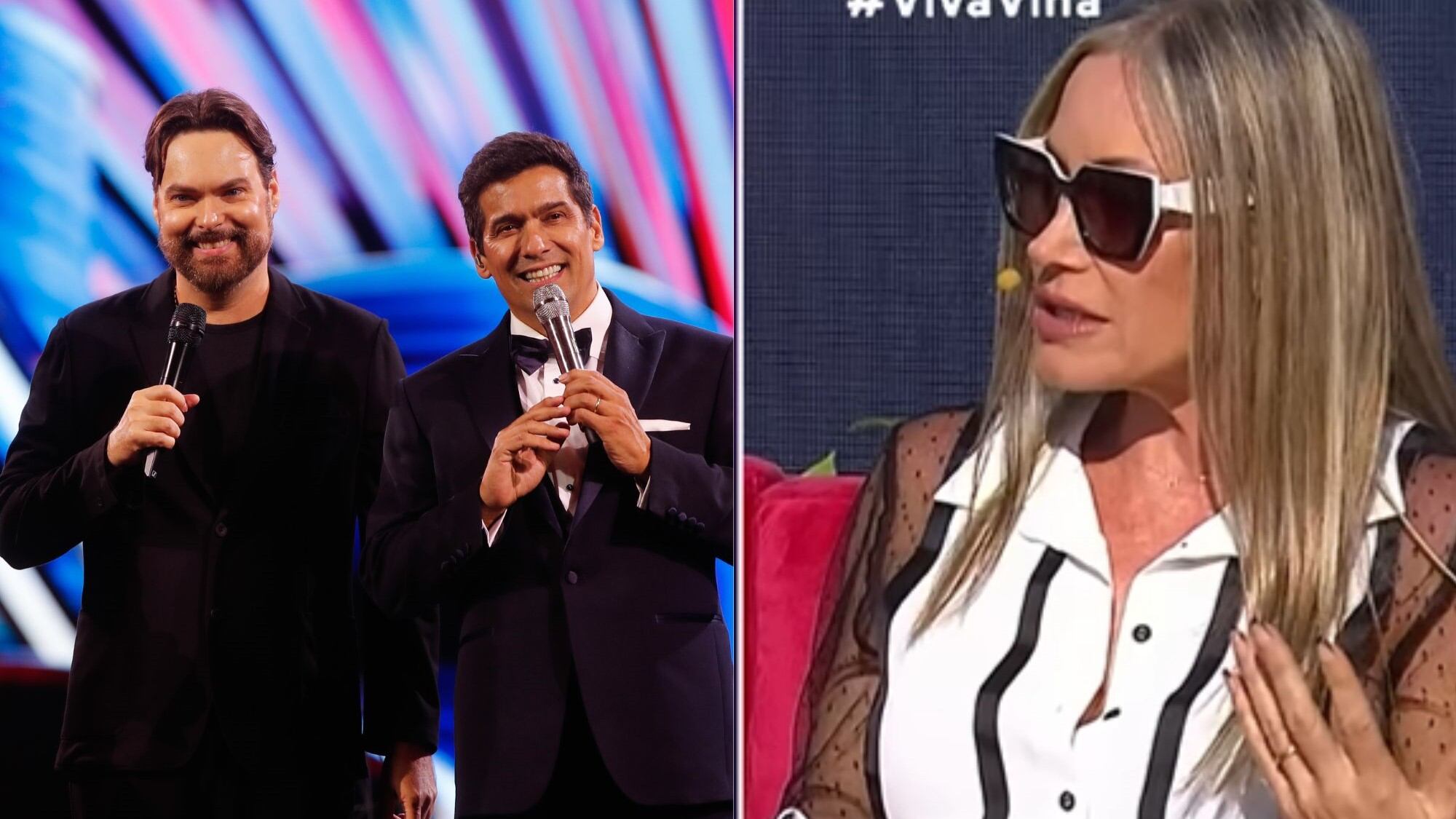 Marcela Vacarezza (MEGA) Rafael Araneda con George Harris en el Festival de Viña (AGENCIA UNO)