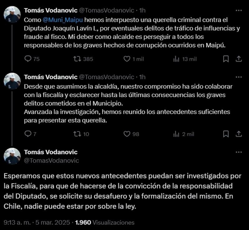 El edil confirmó las gestiones judiciales del municipio de Maipú en contra del diputado Lavín León.