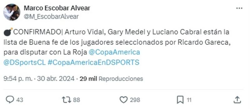 Según el periodista de la señal deportiva del cable, Gareca habría decidido el regreso del King y Medel a la selección en la lista de buena fe que tiene para la próxima Copa América.