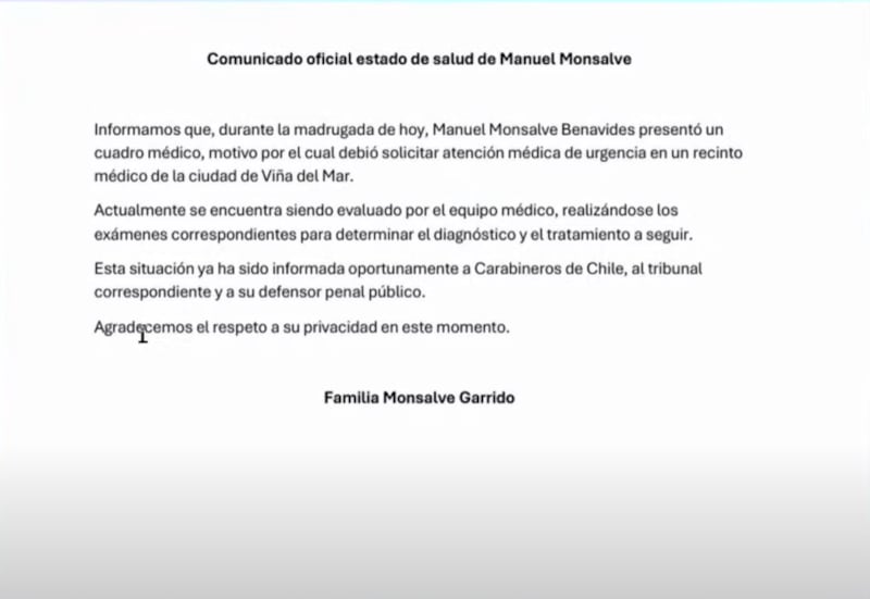 Manuel Monsalve se encuentra internado de urgencia en una clínica de Viña del Mar tras complicación de salud