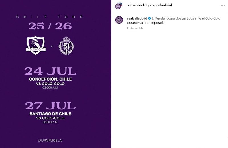 El cuadro español llegará a fines de este mes para enfrentar a Colo Colo en Concepción, el 24 de julio; y en el estadio Monumental, el 27 del mismo mes.
