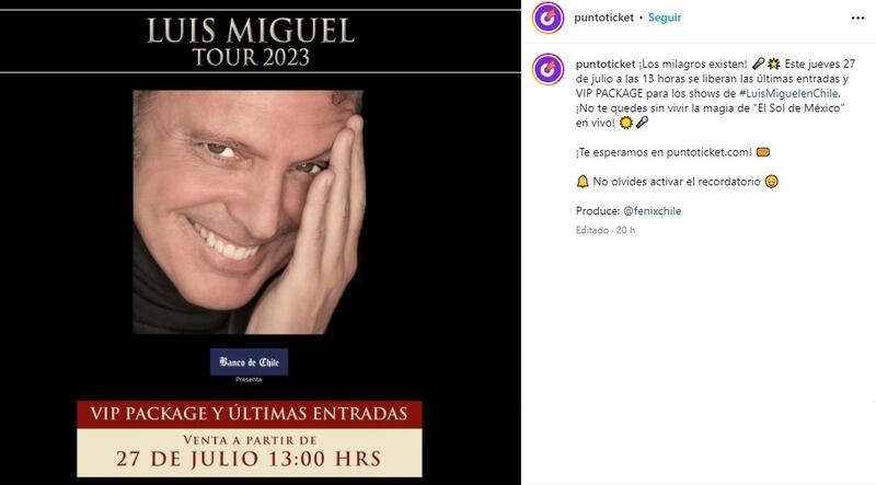 Este jueves, desde las 13.00 horas, estarán a la venta las últimas entradas de los conciertos de Luis Miguel en Movistar Arena.