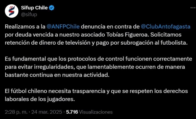 El gremio de los futbolistas profesionales chileno salió en defensa del delantero antofagastino para que el club nortino le pague el sueldo adeudado a Tobías Figueroa.