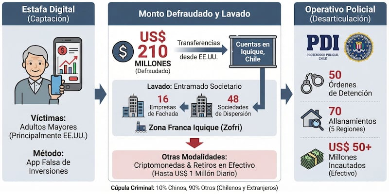 La estructura utilizaba la Zona Franca de Iquique y criptomonedas para blanquear el dinero robado a ancianos extranjeros, dificultando la trazabilidad de los fondos ilícitos.