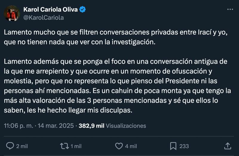 Comentario de Karol Cariola | Fuente: X de @KarolCariola