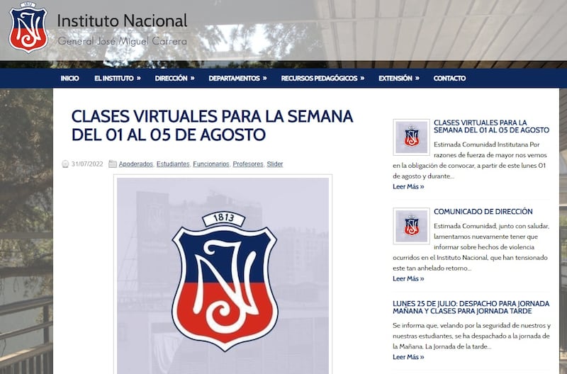 En el sitio web del Instituto Nacional se informó de la realización de las clases online de la próxima semana.