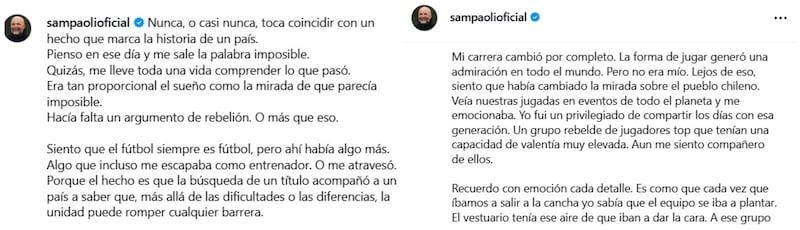 El técnico argentino conmemoró en sus redes sociales los 10 años de la obtención del primer título de Chile en Copa América.
