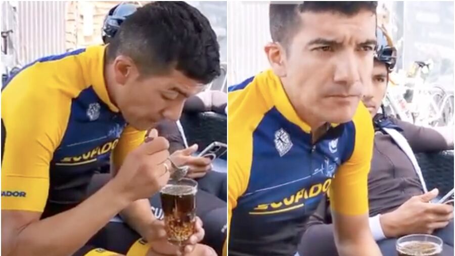 Richard Carapaz probando el mote con huesillos