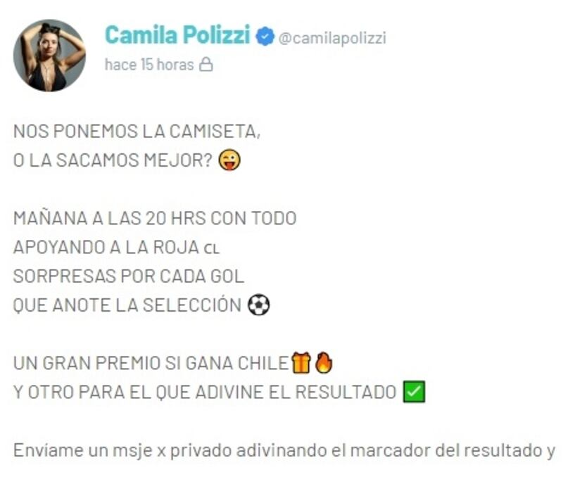 La política imputada por el "Caso Lencería" anunció una erótica oferta en su cuenta de Arsmate con motivo del debut de Chile en Copa América.