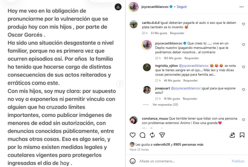 Joyce Castiblanco destapa nuevo detalle del conflicto con Óscar Garcés: “Vive en un departamento nuestro”