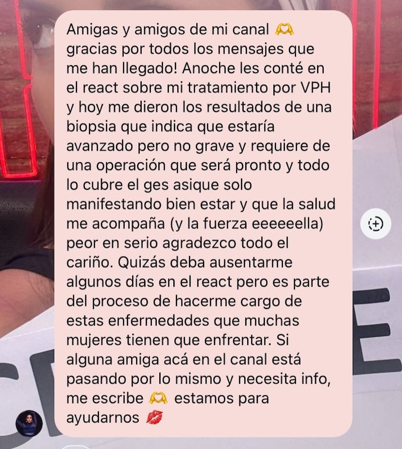 Confirmó que iniciará tratamiento desde mañana y que podría ausentarse del react de Mundos Opuestos.