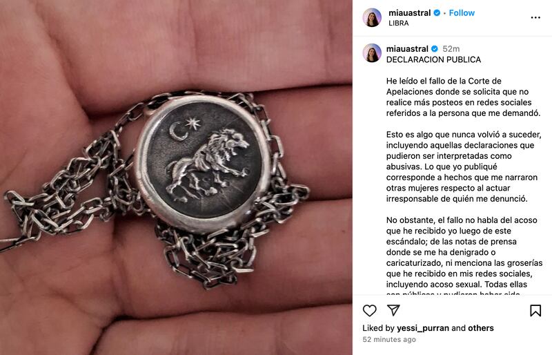Declaración pública de Miau Astral | Captura: Instagram