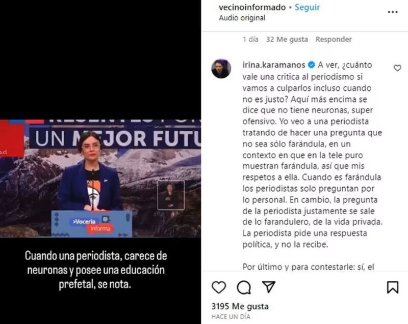 Instagram, Irina Karamanos defiende a periodista