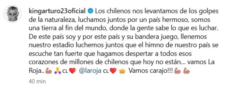 El King hizo un llamado a los hinchas chilenos y a sus compañeros de la selección para dejarlo todo en el partido de esta noche ante Venezuela.