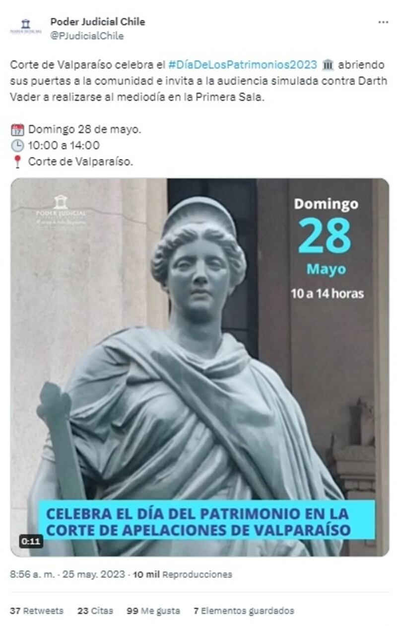 La Corte de Apelaciones de Valparaíso anunció que para el Día del Patrimonio realizará un juicio ficticio a Darth Vader.