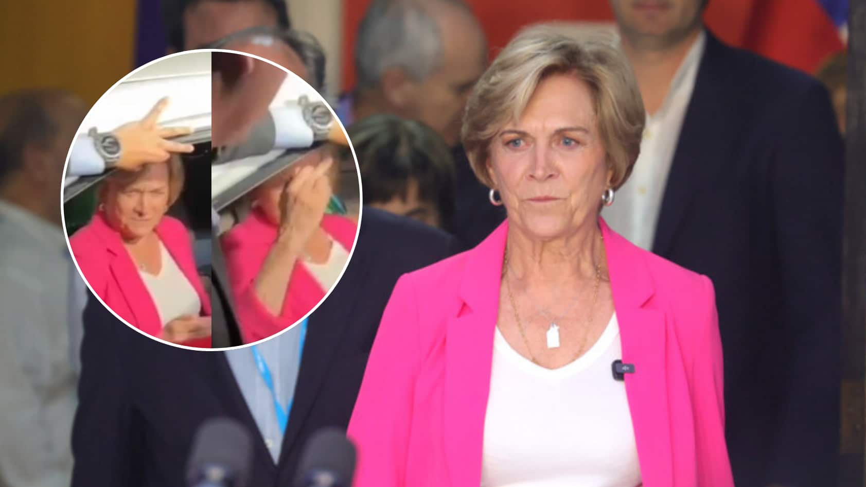 Evelyn Matthei realizó obsceno gesto a la prensa en acto de apoyo a José Antonio Kast