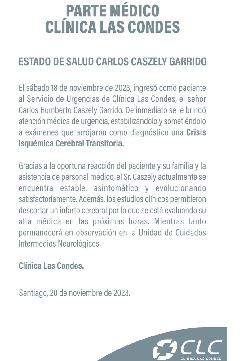 Esta tarde se informó del estado de salud actual de Carlos Carlos Caszely luego de sufrir el pasado sábado una "Crisis Isquémica Cerebral Transitoria".