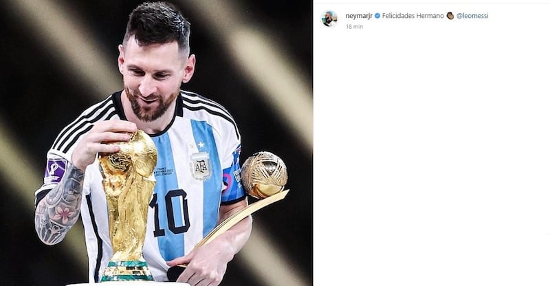 El astro brasileño no demoró demasiado en felicitar a su partner, Leo Messi, luego de conseguir el título del Mundial de Qatar 2022. De su otro compañero en el PSG, el astro galo Kylian Mbappé, no pronunció ninguna palabra de aliento por caer en la definición pese a haberle anotado tres goles a Argentina en la final.