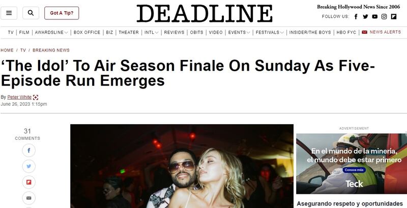 La prensa estadounidense dio cuenta esta semana del abrupto final de la serie "The Idol".